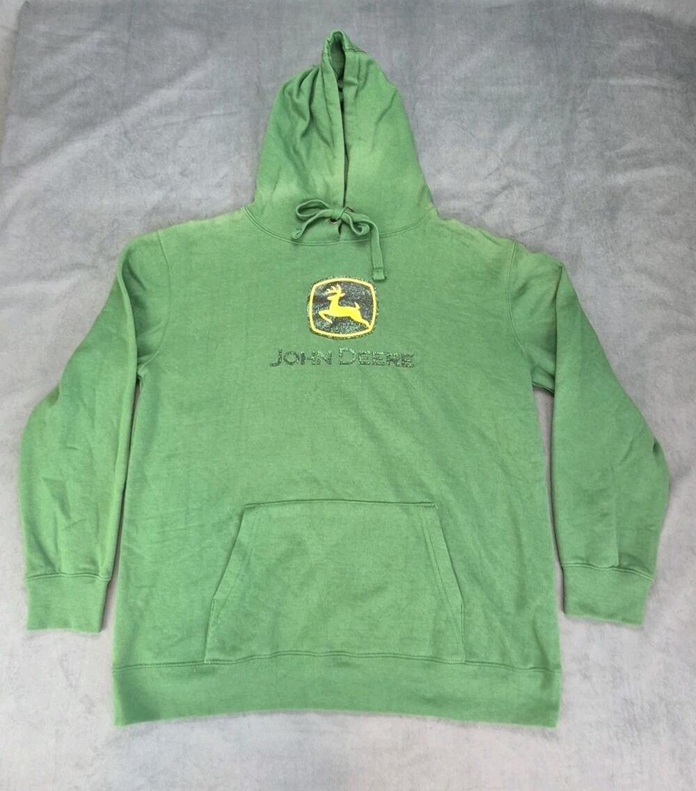 John Deere Green Glitter Logo Women's Hoodie Farm Deer Sweatshirt Sz L